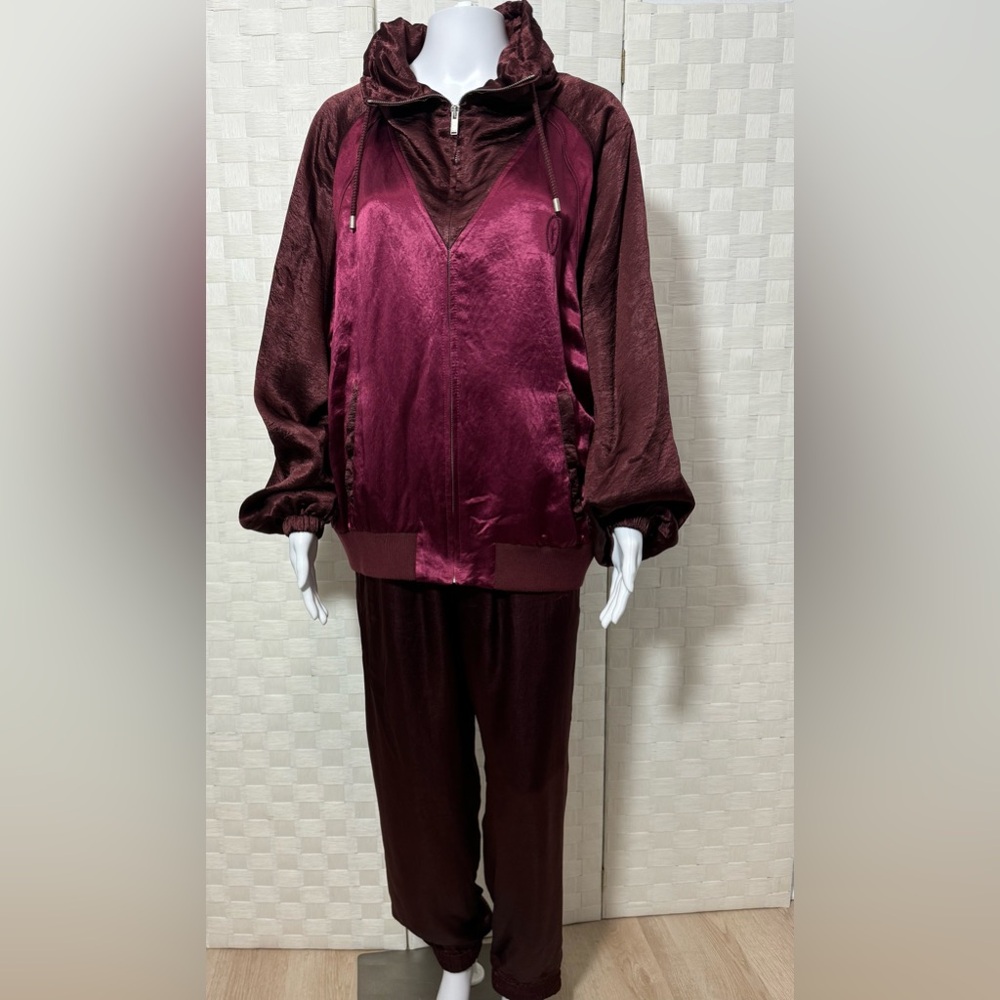Saint Laurent Tonal Satin Jacket in Burgundy/Maroon